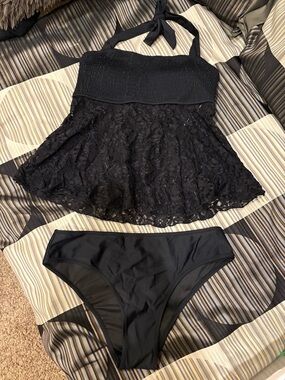 NWT Beachsissi Tankini Swim Set bathing suit Black Lace Halter Tie Neck, Large